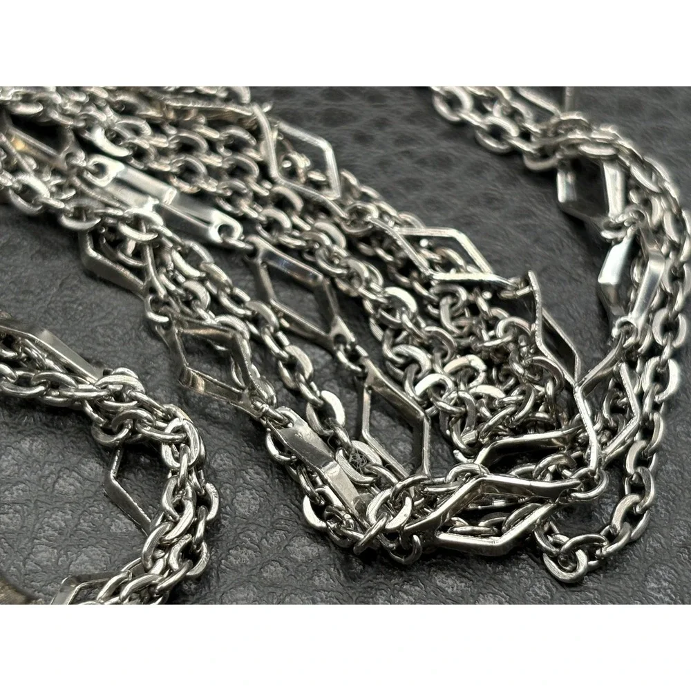 Vintage Silver Tone Tassel Fringe Pendant Necklace Multi Strand Beaded Chain 22